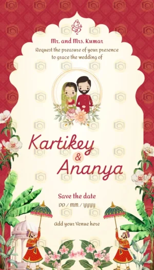 Beautifully Designed Indian Wedding Invitation Card Showcasing Cultural Elements And Caroons